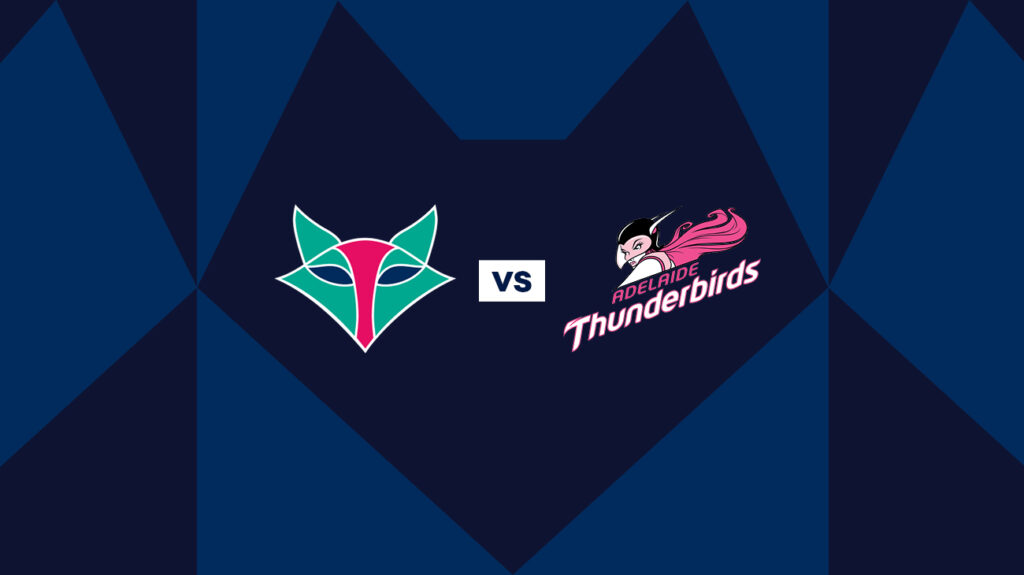 Melbourne Vixens and Adelaide Thunderbirds logos on a blue background.